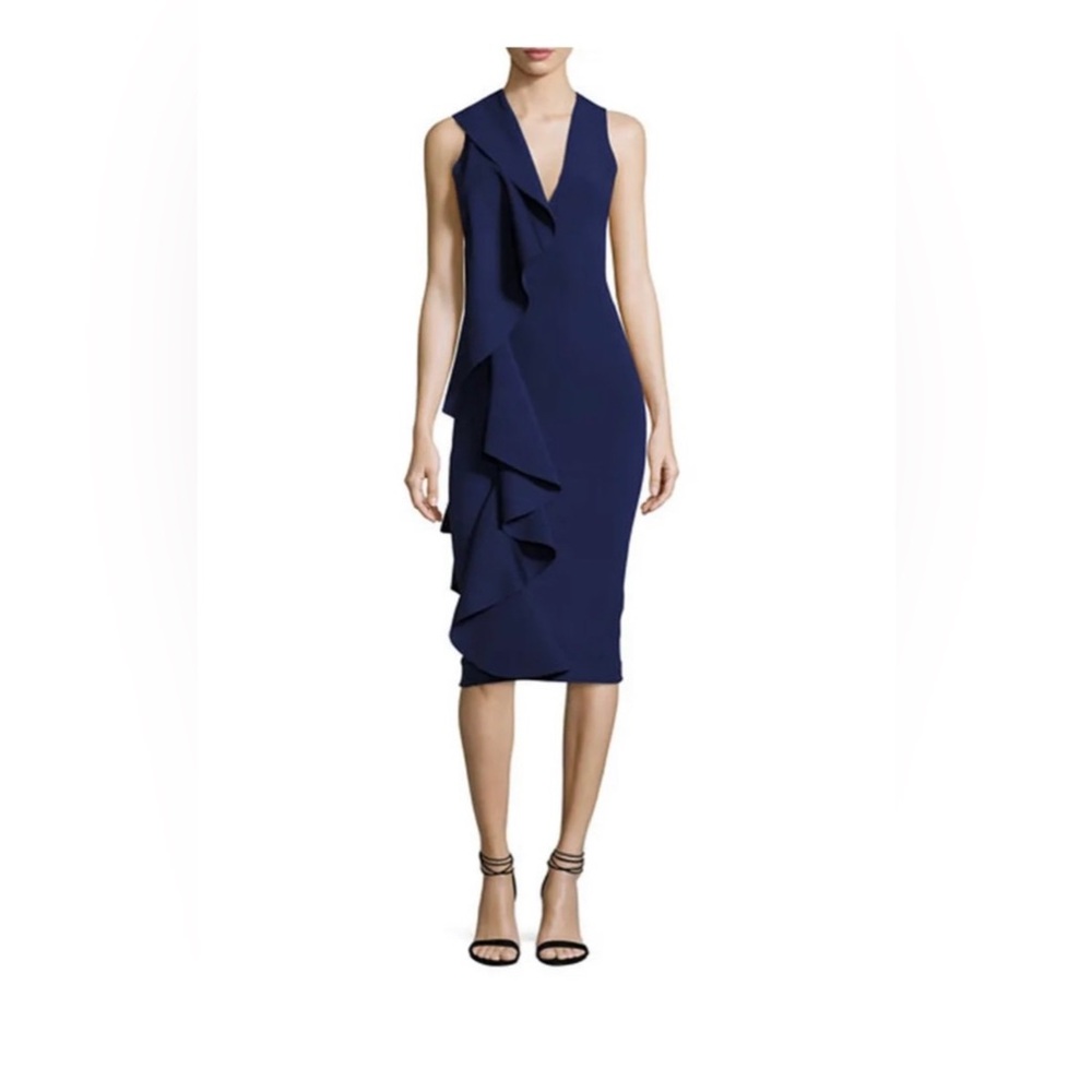 Solace London v neck knee length cocktail dress with ruffle
